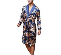 Mens Satin Robe Lightweight Silk Dressing Gown Long Sleeve Bathrobe Retro Print Silk Satin Kimono Robe Knee Length Nightgown Sleepwear Soft Cozy Casual Housecoats Lounderwear