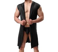 Mens Satin Robe With Shorts | Silk Dressing Gown Mens Sleeveless Pajamas Bathrobe With Hood Sexy Changing Robe Belt Solid Color Dry Robe Lightweight Housecoat Loose Fit Homewear Elegant Nightgown