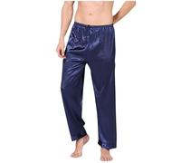 Mens Satin Silk Pyjamas Bottoms Soft Lounge Pants Loose Sleepwear Comfty Pjs Winter Warm Solid Color Loungewear Nightwear Silk Elastic Waist PJ Trousers Dark Blue