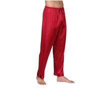 Mens Satin Silk Pyjamas Bottoms Soft Lounge Pants Loose Sleepwear Comfty Pjs Winter Warm Solid Color Loungewear Nightwear Silk Elastic Waist PJ Trousers Red