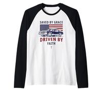 Mens Saved by Grace, Driven by Faith - Men's Christian Muscle Car Raglan Baseball Tee
