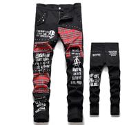 Men's Scotland Plaid Patchwork Jeans Punk Rivet Patch Denim Pants Trendy Skull Letters Printed Slim Straight Trousers,Black Red,32