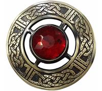 Men's Scottish Celtic Kilt Fly Plaid Brooch Antique Plated in Various Colour Stones (Red)