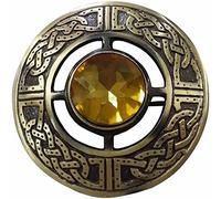 Men's Scottish Celtic Kilt Fly Plaid Brooch Antique Plated in Various Colour Stones (Yellow)