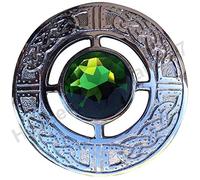 Men's Scottish Celtic Kilt Fly Plaid Brooch Chrome Plated in Various Colour Stones (Green)