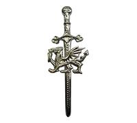 Men's Scottish Celtic Kilt Pin Silver Finish 4 Inches(10cm), Highland Kilts Pins & Brooches Swirl Celtic Knot Work Top Solid Stainless Steel Sword Chrome (Welsh Dragon)