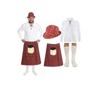 Men's Scottish Highland Outfit - Includes Tartan Kilt, White Jacobite Shirt, Matching Hat & Socks - Red Plaid Scotland Heritage Traditional Party Burns Night St Andrews Wear - Fancy Dress Costume
