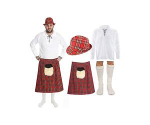 Men's Scottish Highland Outfit - Includes Tartan Kilt, White Jacobite Shirt, Matching Hat & Socks - Red Plaid Scotland Heritage Traditional Party Burns Night St Andrews Wear - Fancy Dress Costume