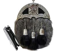 Men's Scottish Kilt Dress Antique Sporran Rampant Lion Cantle & Tassels Caps .6 Grey Black