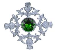 Men's Scottish Kilt Fly Plaid Brooch Thistle Crest Stone Chrome Finish/Ladies Brooches & Pin 4" (Green Stone)