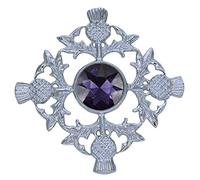 Men's Scottish Kilt Fly Plaid Brooch Thistle Crest Stone Chrome Finish/Ladies Brooches & Pin 4" (Purple Stone)
