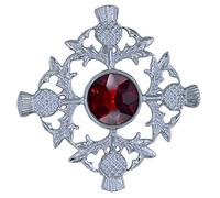 Men's Scottish Kilt Fly Plaid Brooch Thistle Crest Stone Chrome Finish/Ladies Brooches & Pin 4" (Red Stone)