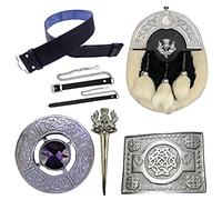 Men's Scottish Kilt Sporran 5 Pieces Set, Kilt Belt Buckle Celtic Silver - Full Dress Sporrans Grey Bovine Leather - Scottish Pin & Brooches (Belt Size XL, Purple)