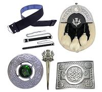 Men's Scottish Kilt Sporran 5 Pieces Set, Kilt Belt Buckle Celtic Silver - Full Dress Sporrans Grey Bovine Leather - Scottish Pin & Brooches (Belt Size S, Green)