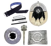 Men's Scottish Kilt Sporran 5 Pieces Set, Kilt Belt Buckle Celtic Silver - Full Dress Sporrans Grey Bovine Leather - Scottish Pin & Brooches (Belt Size M, Black)