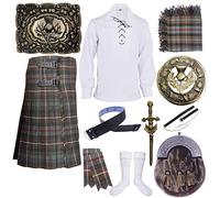 Men's Scottish Kilts Outfit Set Weathered Mackenzie Tartan with Thistle Crest Accessories (Belly Button 38'', Weathered Mackenzie)