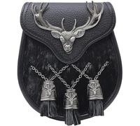 Men's Scottish Semi Dress Kilt Sporran - Traditional Highland Daywear Sporrans Stag Head Emblem and Tassels - Elegant Handcrafted Black Leather Sporran Chain Belt (Semi Dress, Black - Antique)