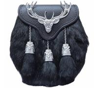Men's Scottish Semi Dress Kilt Sporran - Traditional Highland Daywear Sporrans Stag Head Emblem and Tassels - Handcrafted Black Leather Sporran Chain Belt (Semi Dress, Black - Chrome)
