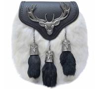 Men's Scottish Semi Dress Kilt Sporran - Traditional Highland Daywear Sporrans Stag Head Emblem and Tassels - Elegant Handcrafted Black Leather Sporran Chain Belt (Semi Dress, White Fur - Antique)