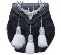 Men's Scottish Semi Dress Kilt Sporran - Traditional Highland Daywear Sporrans Stag Head Emblem and Tassels - Handcrafted Black Leather Sporran Chain Belt (Semi Dress, Black and White - Chrome)