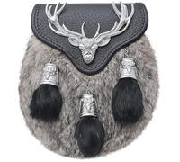 Men's Scottish Semi Dress Kilt Sporran - Traditional Highland Daywear Sporrans Stag Head Emblem and Tassels - Elegant Handcrafted Black Leather Sporran Chain Belt (Semi Dress, Grey - Chrome)