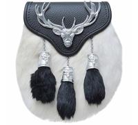 Men's Scottish Semi Dress Kilt Sporran - Traditional Highland Daywear Sporrans Stag Head Emblem and Tassels - Elegant Handcrafted Black Leather Sporran Chain Belt (Semi Dress, White Fur - Chrome)