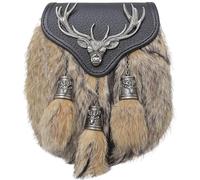 Men's Scottish Semi Dress Kilt Sporran - Traditional Highland Daywear Sporrans Stag Head Emblem and Tassels - Elegant Handcrafted Black Leather Sporran Chain Belt (Semi Dress, Brown - Antique)
