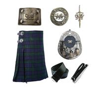 Men's Scottish Welsh Dragon Antique Design Black Watch Tartan Kilt Traditional Highland Outfit, Kilt + Antique Sporran + Chain + Belt + Buckle + Pin + Brooch (32" inches (Naval Waist))