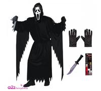 Adult Ghost Face®STD Costume + Bloody Blade + Black Gloves Halloween Fancy Dress