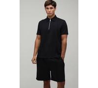 Men's Seam Detail Regular Fit 1/4 Zip Polo & Regular Short Set | Black | Size X-Large | BOOHOOMAN