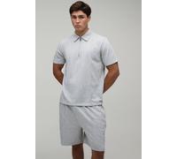 Men's Seam Detail Regular Fit 1/4 Zip Polo & Regular Short Set | Grey Marl | Size Small | BOOHOOMAN