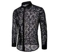 Men's See Through Button Down Collar Shirt Sexy Night Club Party Long Sleeve Lace Sheer Mesh Casual Top(Black,X-Large)