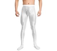 Men's See Through Oil Glossy Pantyhose Mesh Sheer Bulge Pouch Compression Footed Leggings Nightwear Solid Color Gym Workout Tight Sissy Pants White