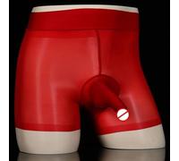 Men's See Through Oil Shiny Boxer Briefs Unique Open/Close Sheath for Ultimate Style (Closed Red)