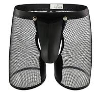 Men's See Through Sexy Mesh With Faux Leather Loose Shorts Pants Erotic Clubwear Button Removable Pouch(A4-50Hei,L)