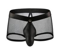 Men's See Through Underwear Sexy Mesh Boxer Briefs With Faux Leather Funny Buckled Pouch Trunks, Black, Medium