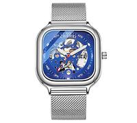 Men's Self Winding Waterproof Automatic Stainless Steel Fashion Skeleton Tourbillon Mesh Band Wrist Watch Luminous (Silver Strap - Blue Dial)