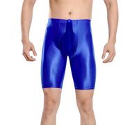 Men's Semi See Through Skinny Shorts Oil Glossy Shiny Sheer Compression Short Sissy Translucent Sports Smooth Ice Silky Bulge Pouch Underpants Blue M