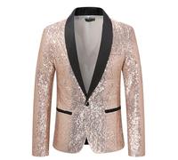 Men's Sequin Blazer Shiny Glitter Suit Jacket Casual Smart Notched Blazers One Button Regular Fit Jackets Formal Business Wedding Party Coats Classic Chic Tuxedo Jackets Beige