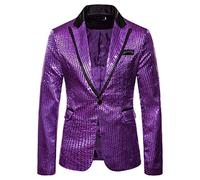 Men's Sequin Blazer Slim One Button Metallic Suit Disco Prom Shiny Jacket Wedding Party Banquet Fashion Tuxedo for Mens Adult(Purple,Large)