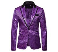 Men's Sequin Blazer Slim One Button Metallic Suit Disco Prom Shiny Jacket Wedding Party Banquet Fashion Tuxedo for Mens Adult (Purple, XXL)