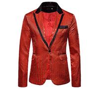 Men's Sequin Blazer Slim One Button Metallic Suit Disco Prom Shiny Jacket Wedding Party Banquet Fashion Tuxedo for Mens Adult (Red, L)