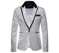 Men's Sequin Blazer Slim One Button Metallic Suit Disco Prom Shiny Jacket Wedding Party Banquet Fashion Tuxedo for Mens Adult (Silver, XXL)
