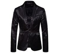 Men's Sequin Blazer Slim One Button Metallic Suit Disco Prom Shiny Jacket Wedding Party Banquet Fashion Tuxedo for Mens Adult (Black, XXL)