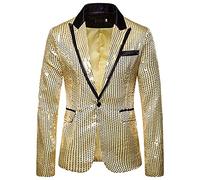 Men's Sequin Blazer Slim One Button Metallic Suit Disco Prom Shiny Jacket Wedding Party Banquet Fashion Tuxedo for Mens Adult (Gold, XL)