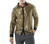 Men's Sequin Disco Shirt Long Sleeve Sparkly Party Dance Top Retro 70s Nightclub Cocktail Performance Costume Lapel Collar Regular Fit Silver Gold Black(M Golden)