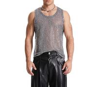 Mens Sequin Sexy Vest Hollow Out Sleeveless Tank Top Slim FIt Shining See Through Vest Shiny Sparkly Nightclub Woven Undershirt Disco Rock Party T-Shirt Underwear Breathable Clubwear Mesh Crop Top