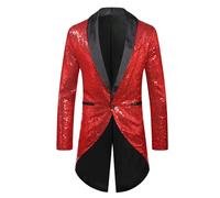 Men's Sequin Shiny Tailcoat Stylish Slim Fit Blazer Wedding Party Suit Jacket Sparkly Sport Coat, Red, M