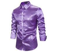 Men's Sequin Shirt, Lapel Collar, Long-Sleeved Shirt, Solid Colour, Casual, Classic, Comfortable, Chic Fit Blouse for Everyday Disco Dance Party Clothes
