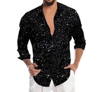 Mens Sequin Shirt Long Sleeve Glitter SparkIe Shirt for Carnival Festival Party Nightclub Fancy Dress Shiny Disco Costume Tops Button Down for Men Stage Performance Clothing (A05-Black, M)